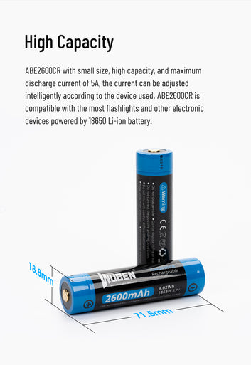 Wuben 18650- Battery w/ USB-C Charging