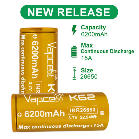 Vapcell 26650 K62 – 6200mAh 15A Rechargeable Flat Top Battery - Main Product Image