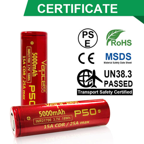 Vapcell P50 21700 5000mah 25A Flat Top Rechargeable Battery - Main Product Image