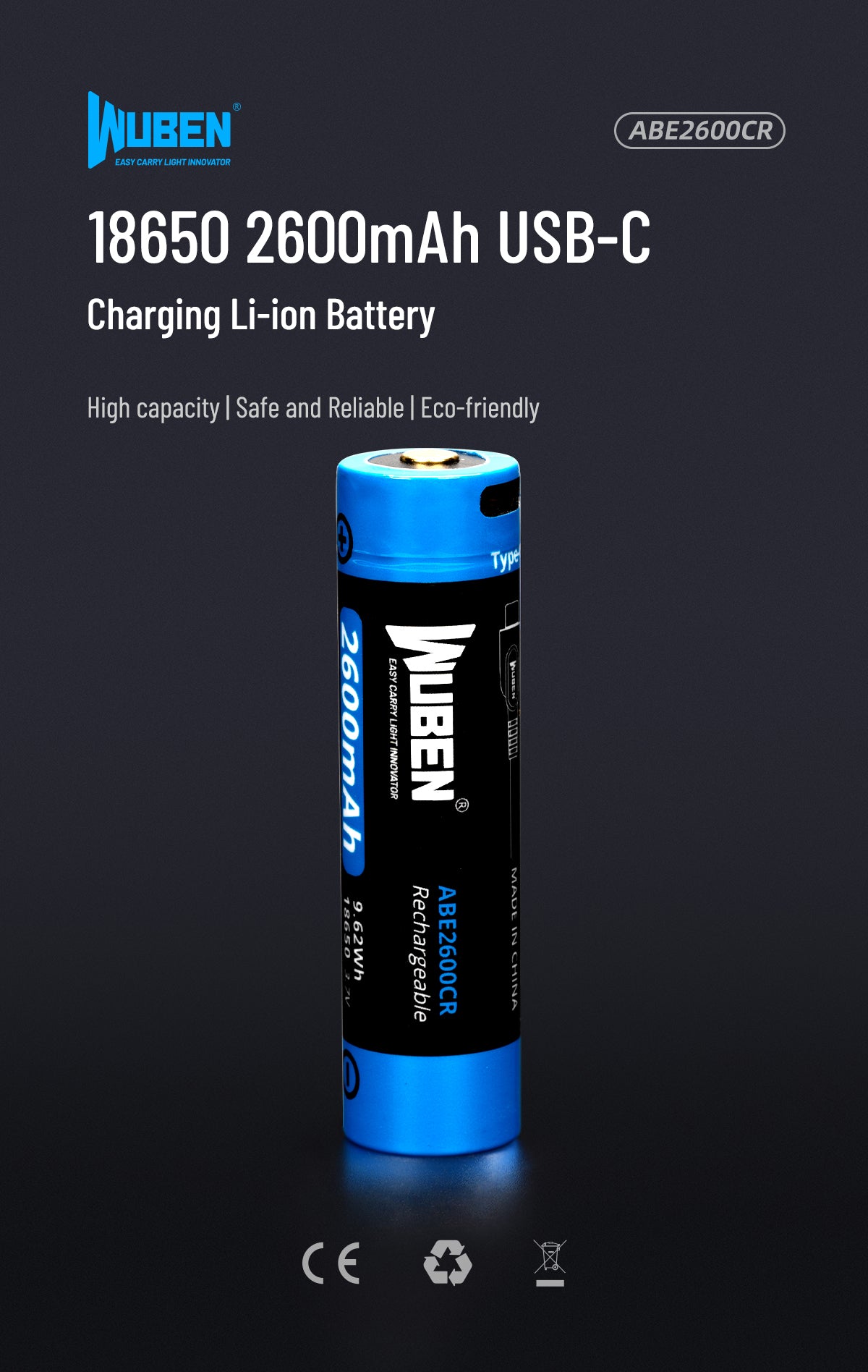 Wuben 18650- Battery w/ USB-C Charging