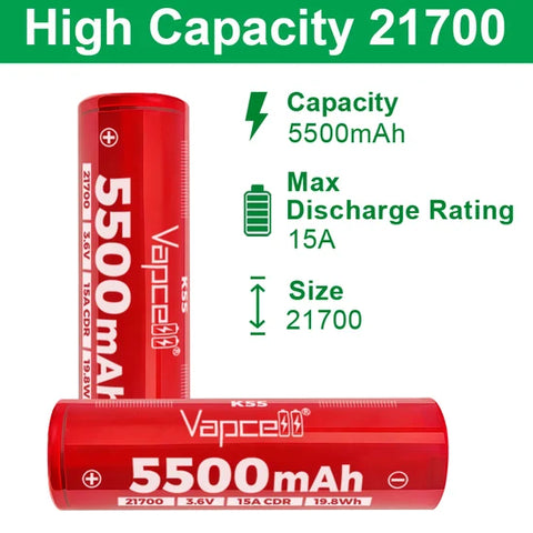 Vapcell K55 21700 5500mAh 15A Flat Top Rechargeable Battery