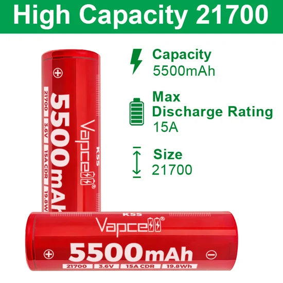 Vapcell K55 21700 5500mAh 15A Flat Top Rechargeable Battery