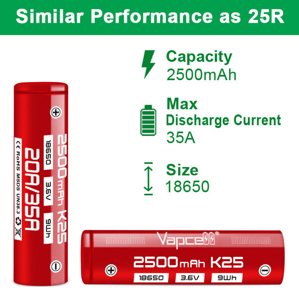 Vapcell K25 18650 2500mah 20A Flat Top Rechargeable Battery