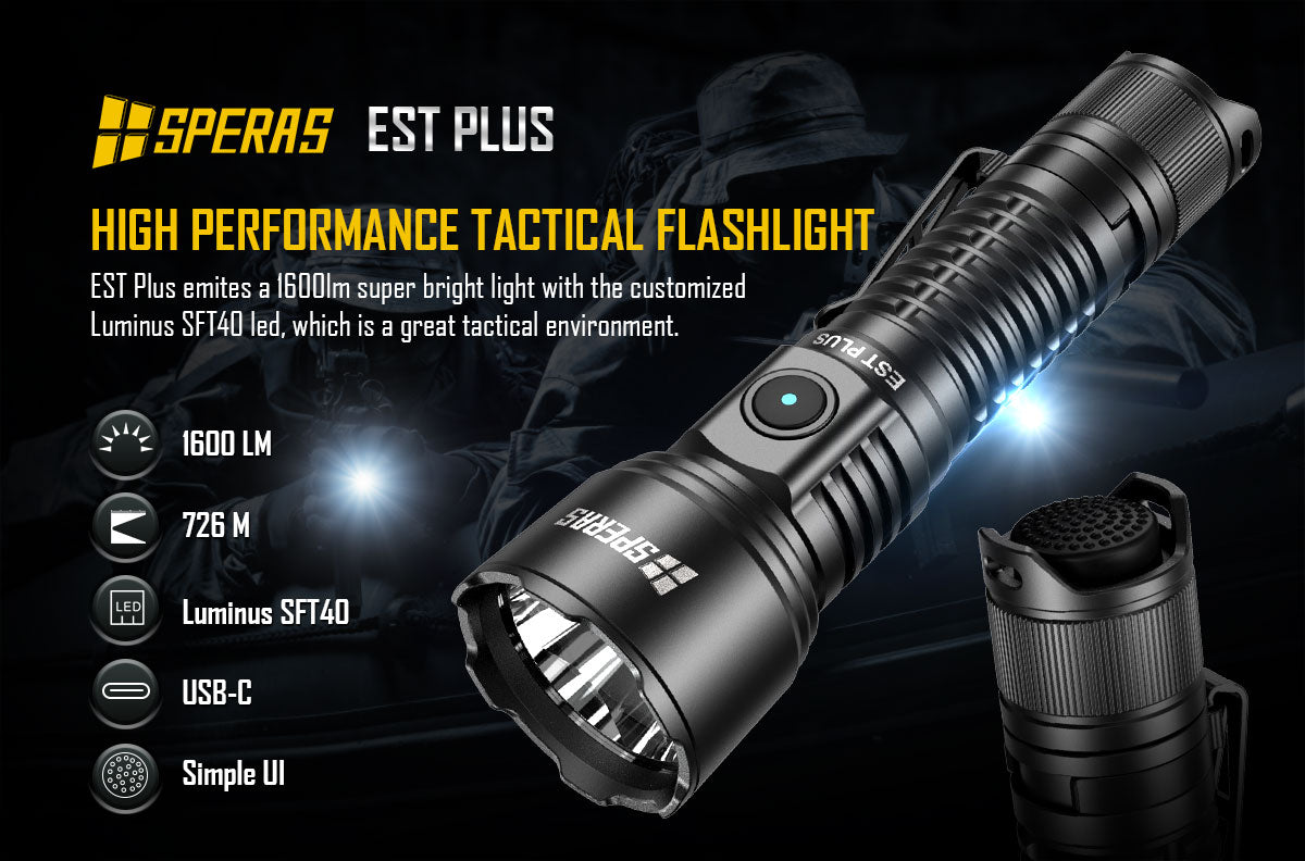 SPERAS EST PLUS THROWER 1600lm 726m 18650 Battery Flashlight - Main Product Image
