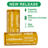 Vapcell 26650 K62 – 6200mAh 15A Rechargeable Flat Top Battery - Main Product Image