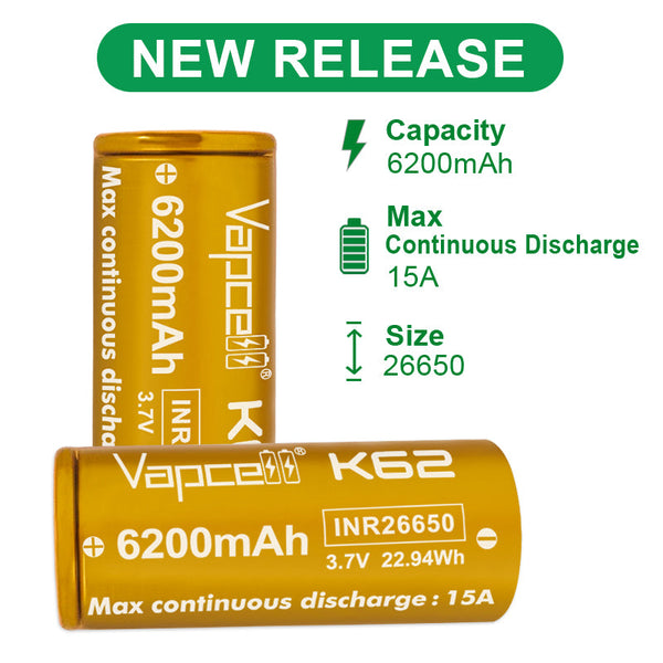 Vapcell 26650 K62 – 6200mAh 15A Rechargeable Flat Top Battery - Main Product Image