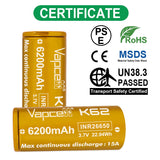 Vapcell 26650 K62 – 6200mAh 15A Rechargeable Flat Top Battery - Image 2