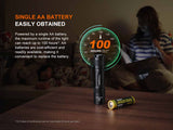 Fenix E12 V3.0 runs on one AA battery, up to 100 hours