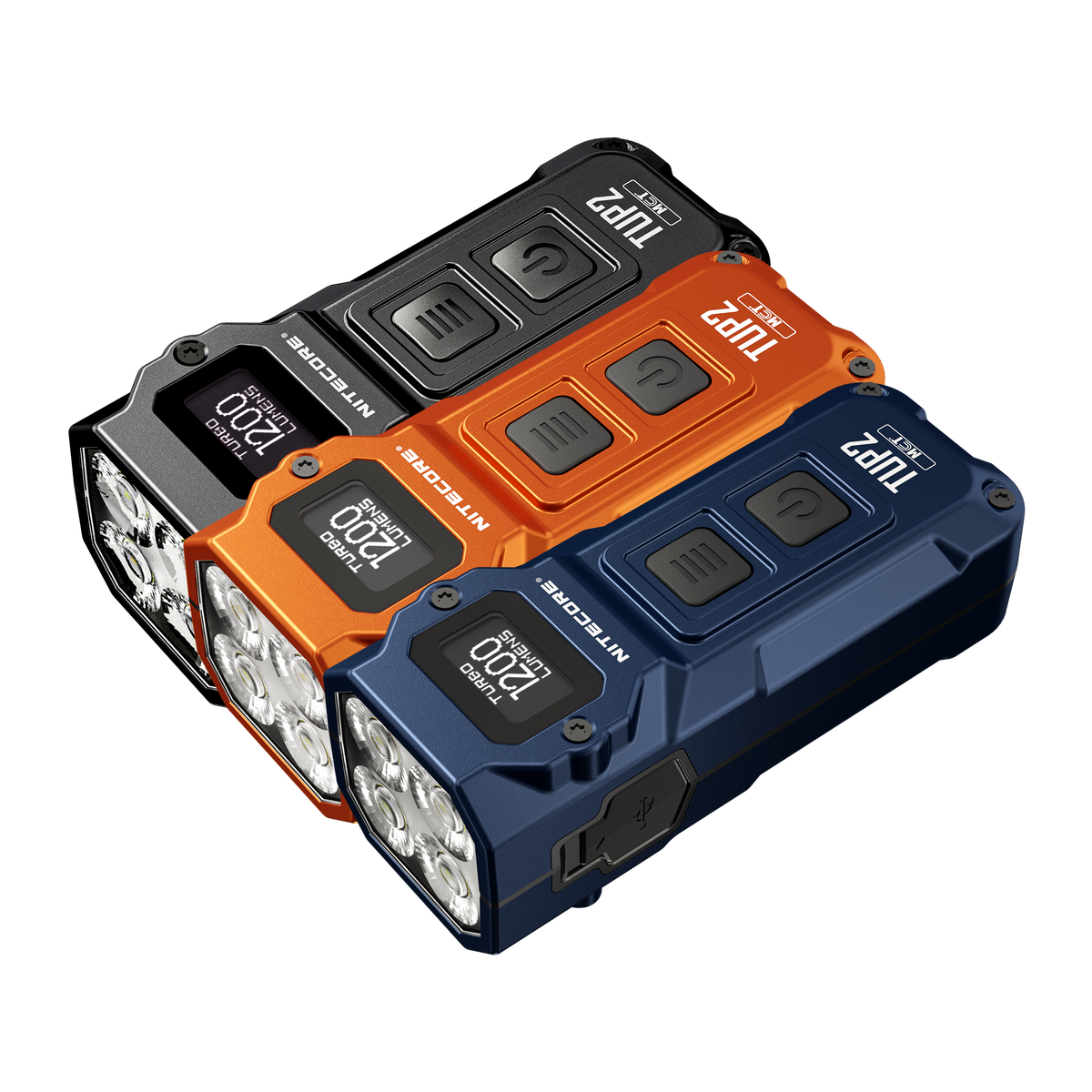 Nitecore TUP2 keychain flashlight in Black, Orange and Blue